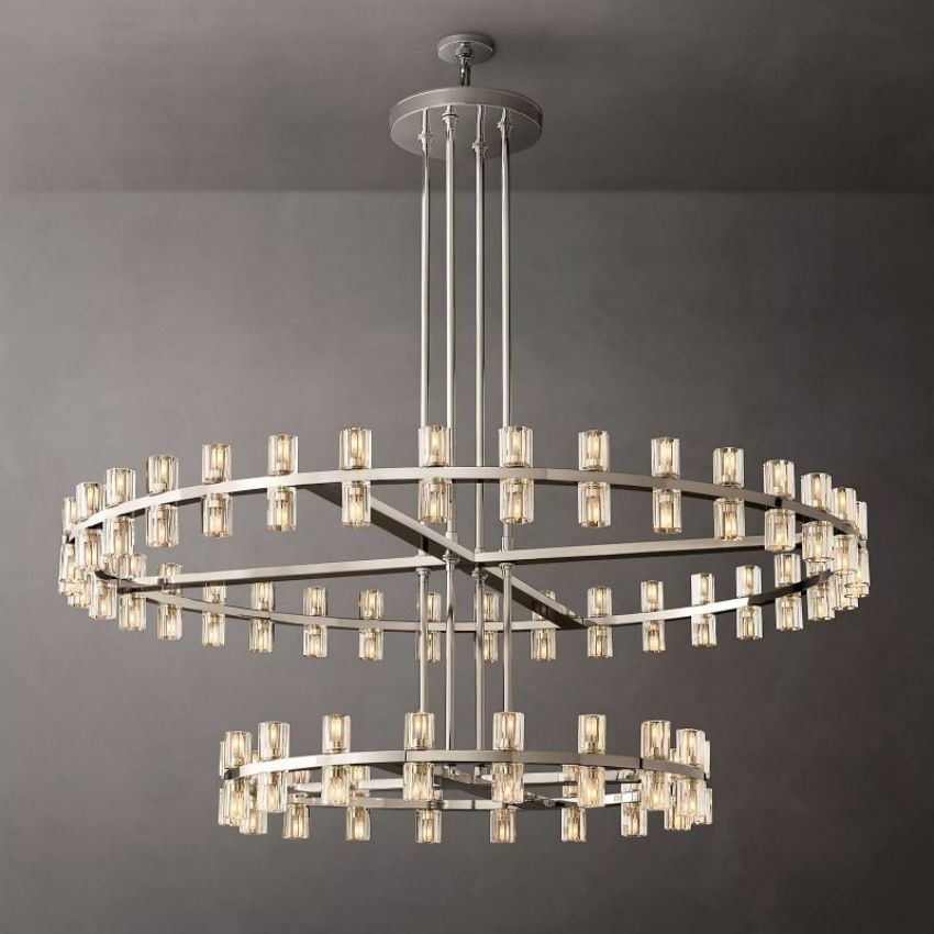 Brach Crystal Shade Two-Tier Round Chandelier 60"-Vancei