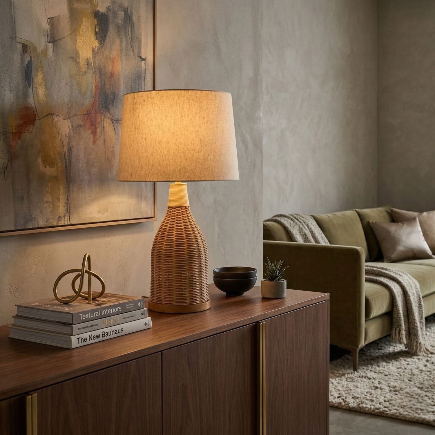 White Cotton Rattan Table Lamp | Kuda Home Senja
