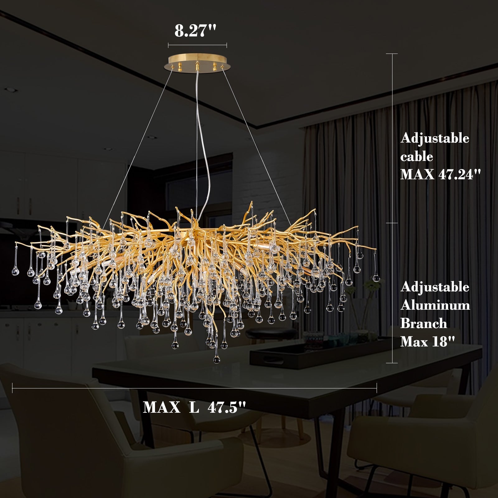 Doris Crystal Rectangular Branch Chandelier L45"-Vancei