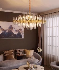 Brass Chandelier with Clear Glass Rods Shade