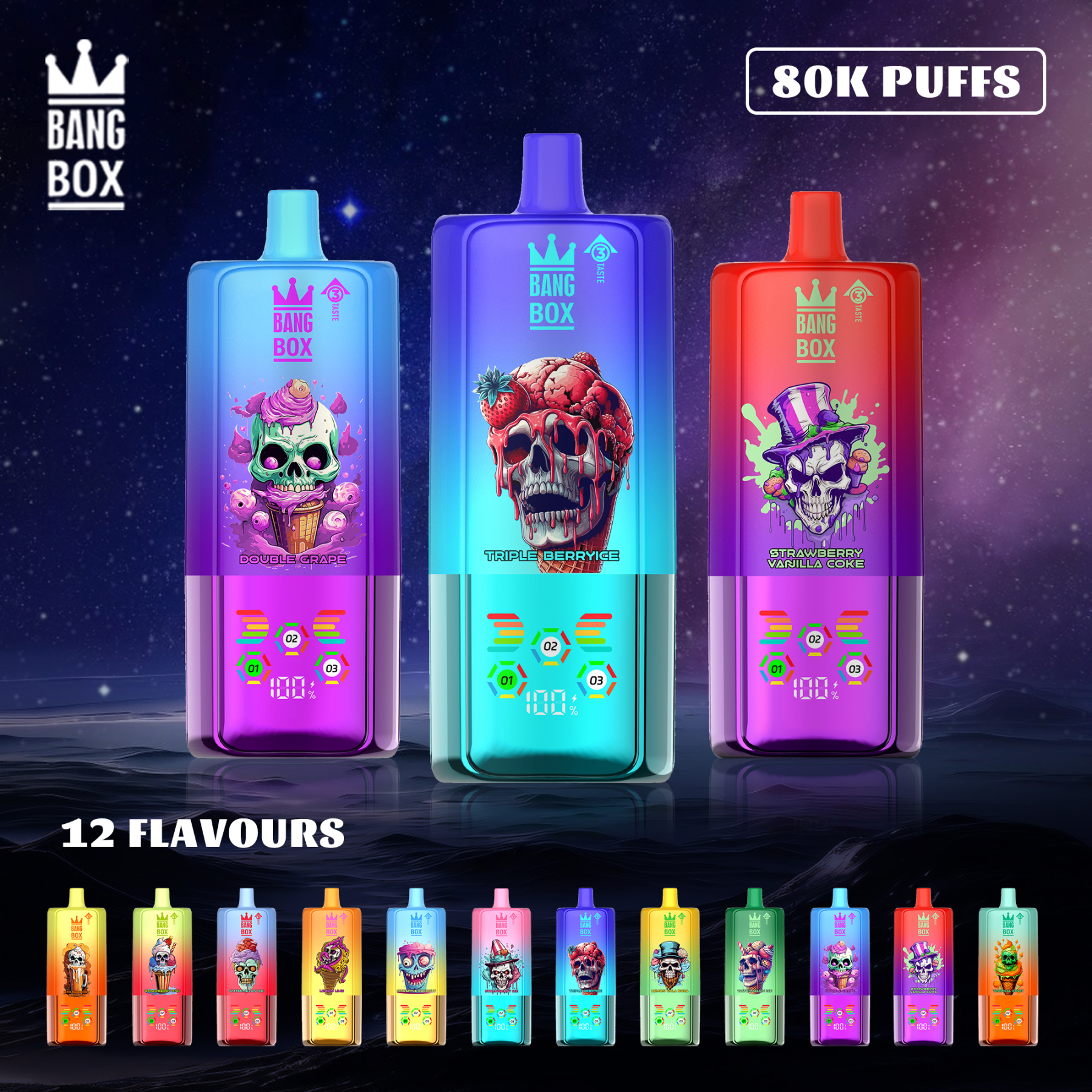 BANG BOX 80000 Puffs 3 in1 Flavor Disposable Vape - Double Grape + Strawberry Mango + Blueberry Sour Raspberry Ice