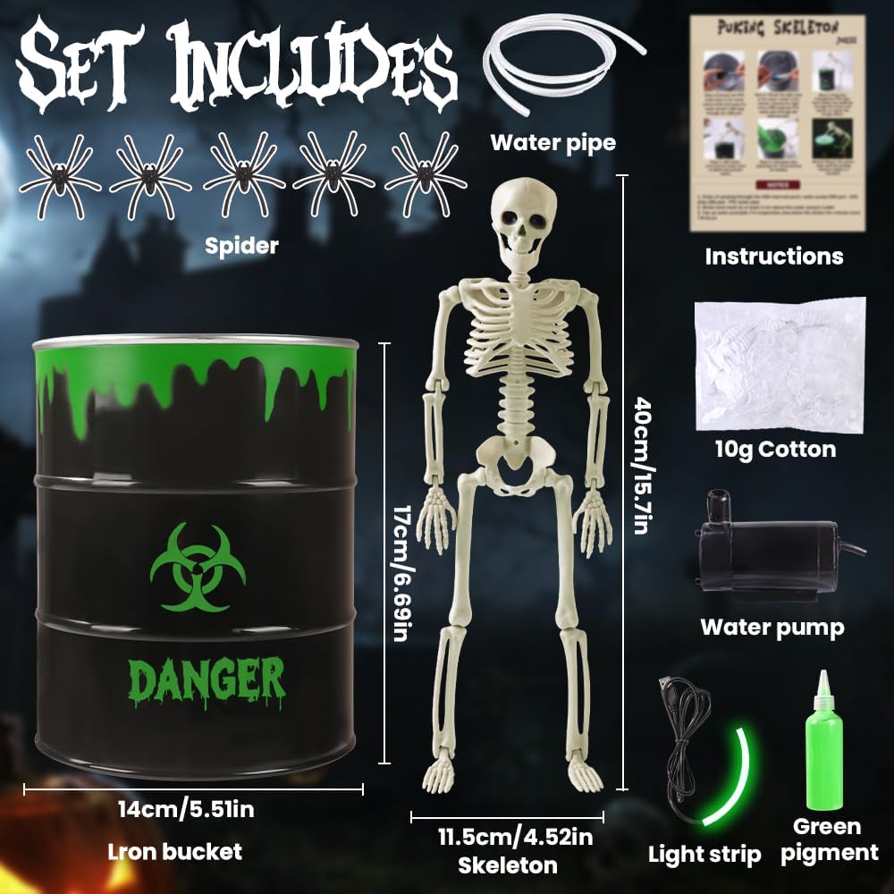Halloween Puking Skeleton with UV Black Light Water Pump Bucket