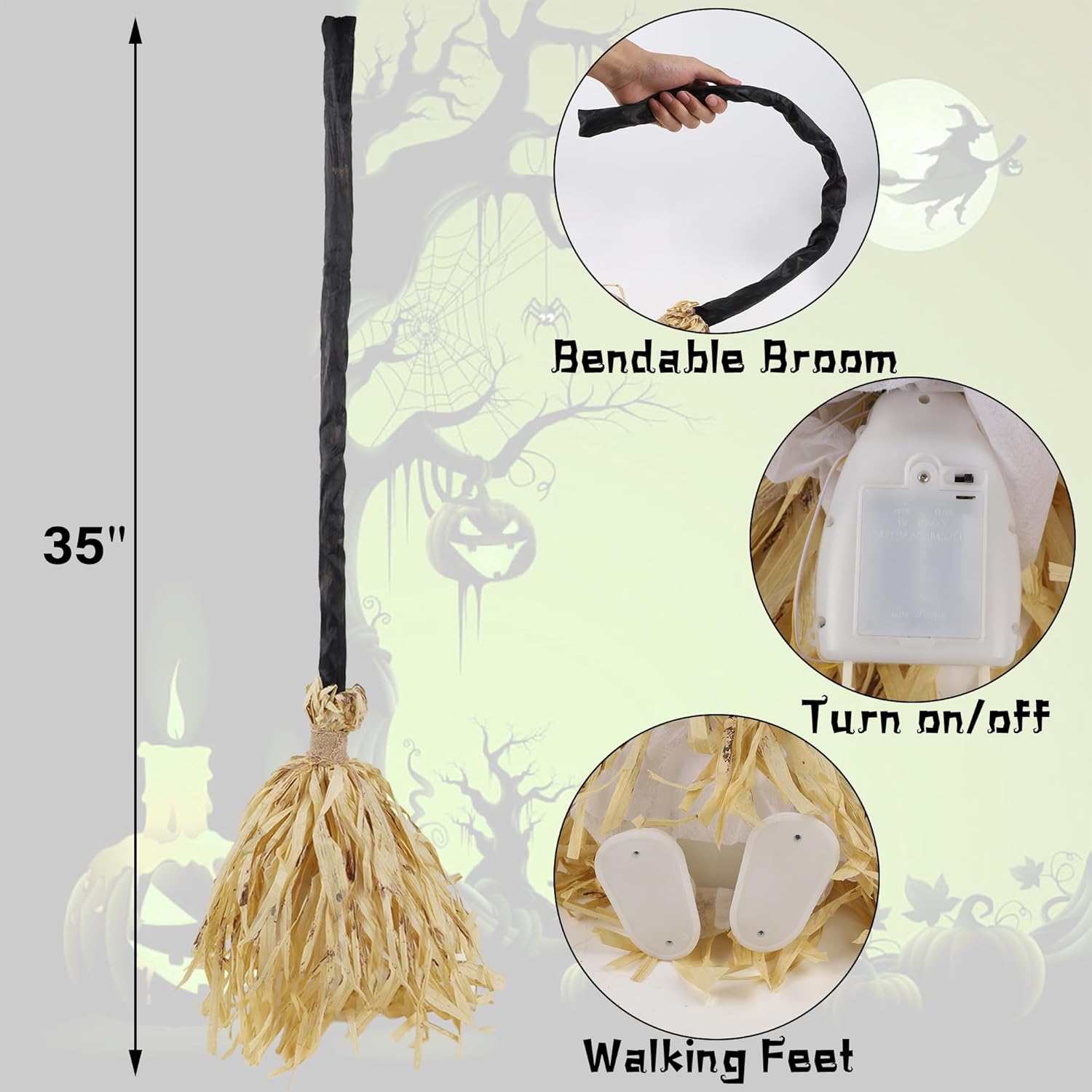35" Animated Witches Broom -  Light up with Spooky Sounds