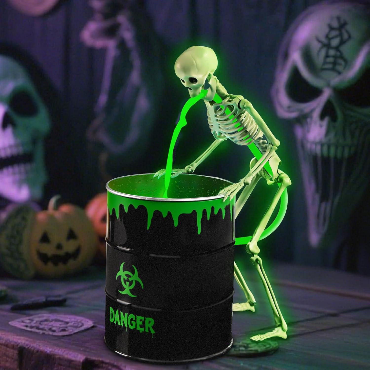 Halloween Puking Skeleton with UV Black Light Water Pump Bucket