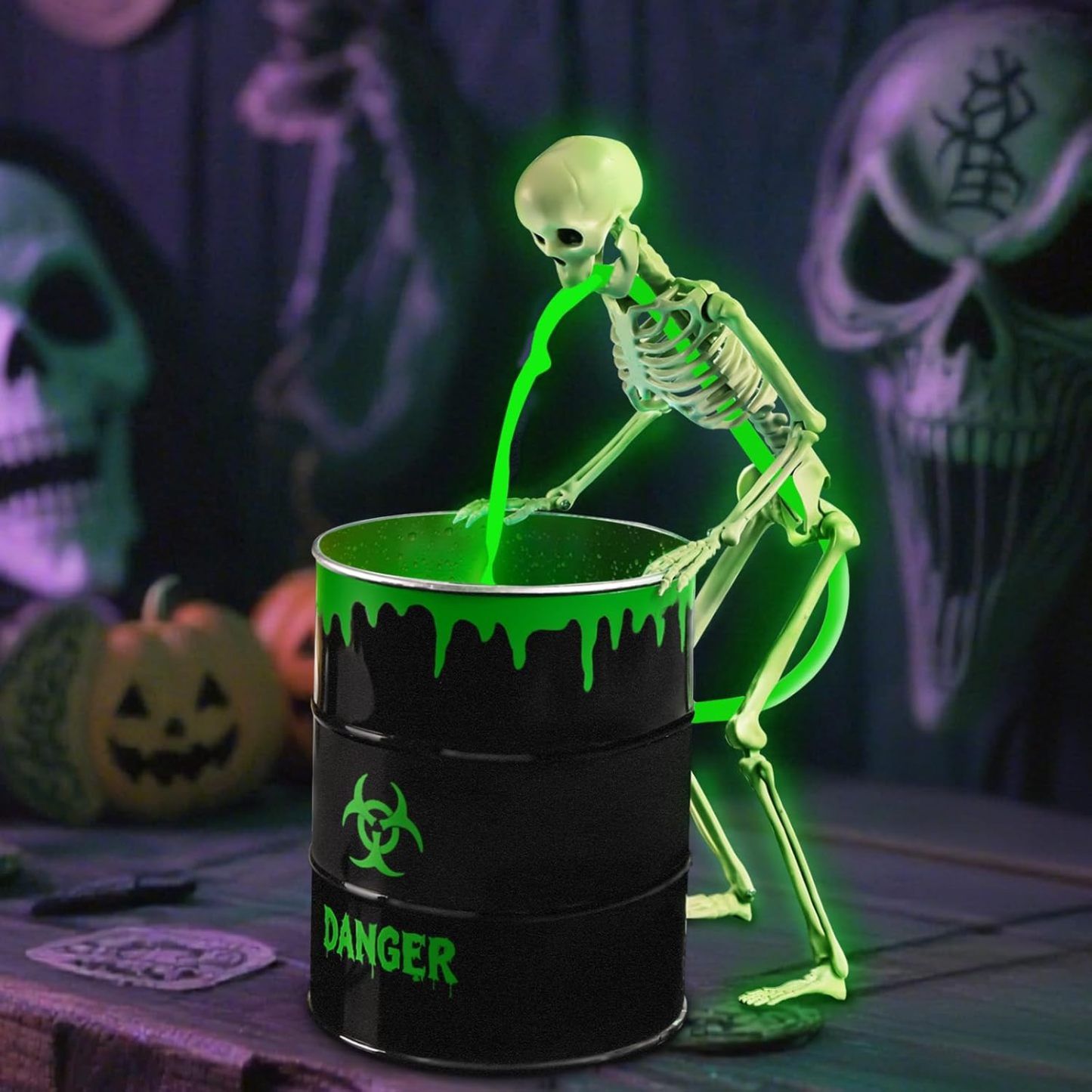 Halloween Puking Skeleton with UV Black Light Water Pump Bucket