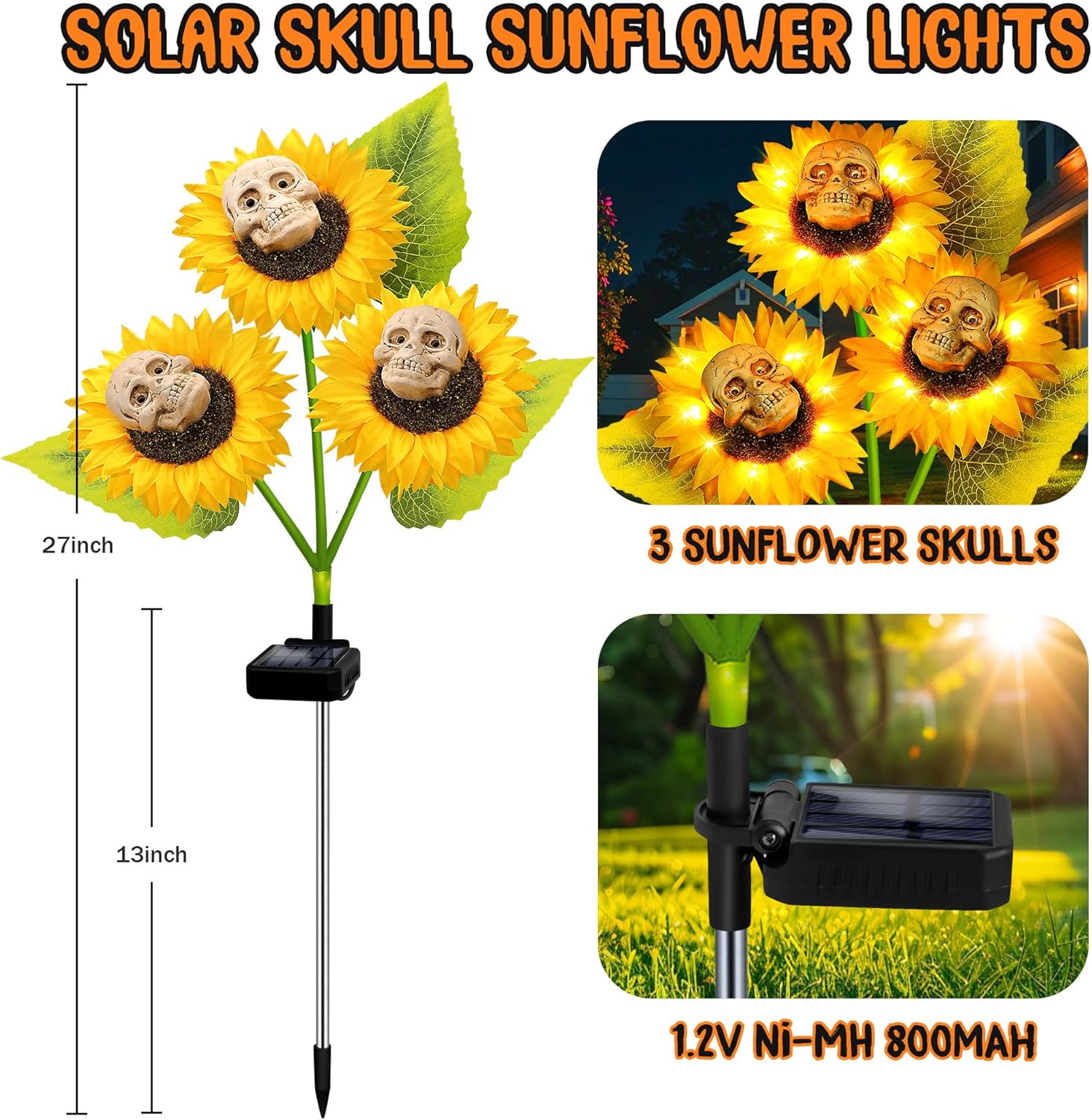 2 Pack Halloween Solar Skull Sunflowers Lights