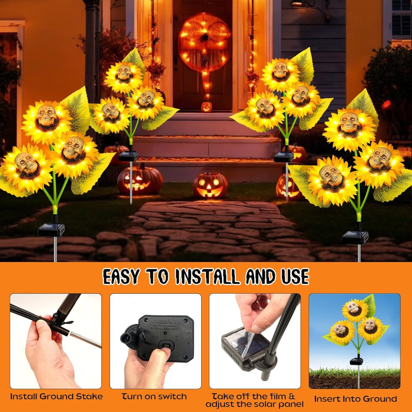 2 Pack Halloween Solar Skull Sunflowers Lights