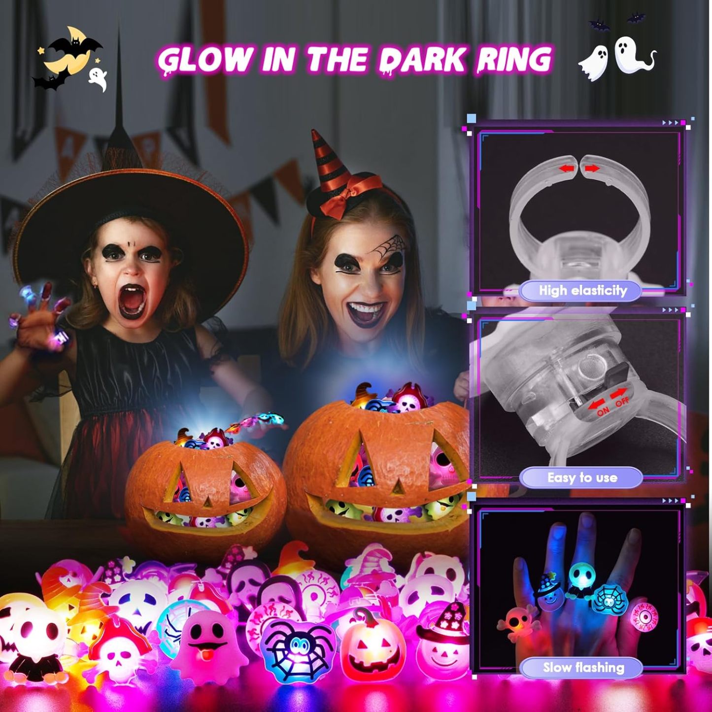 65PCS Halloween Light Up LED Rings, Non Candy Trick or Treats