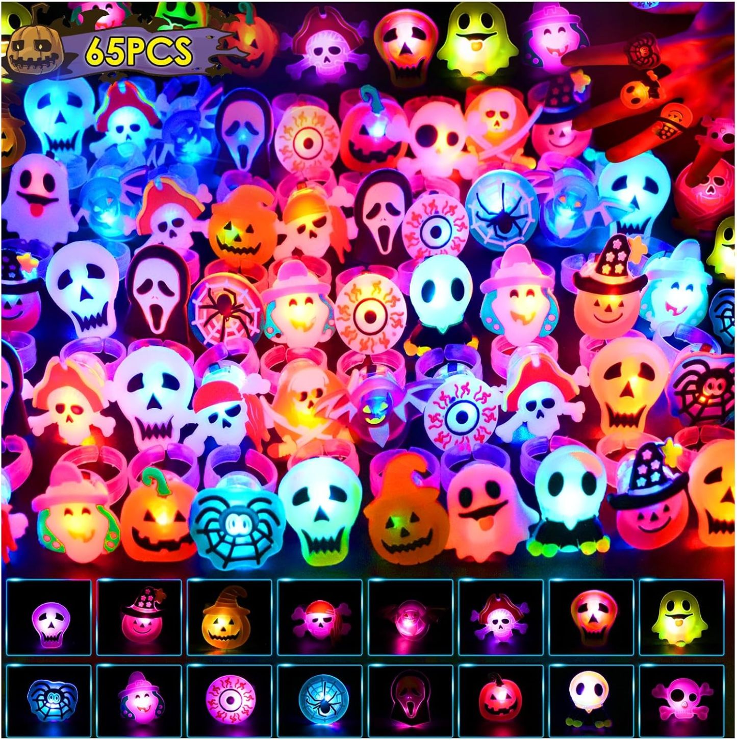 65PCS Halloween Light Up LED Rings, Non Candy Trick or Treats