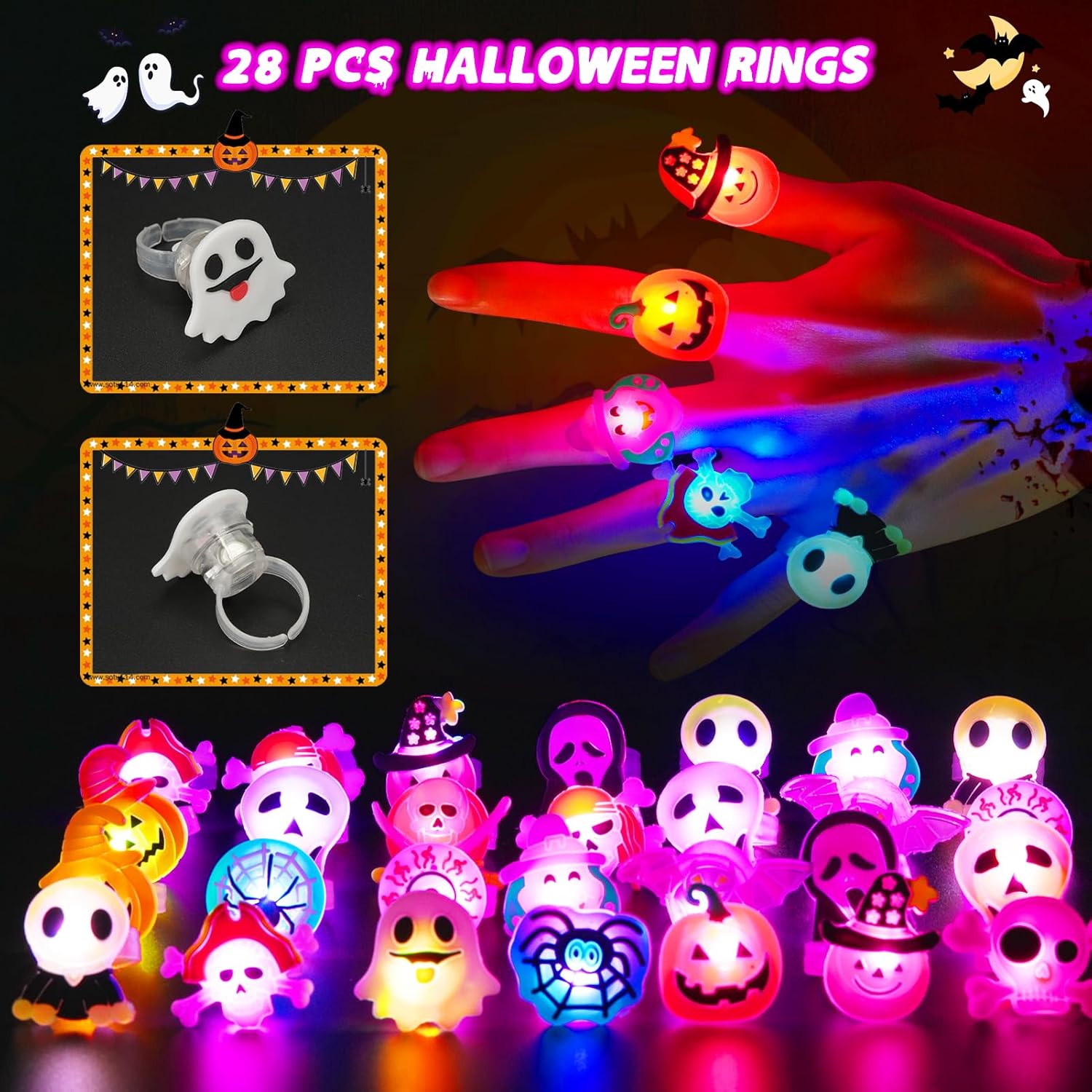 65PCS Halloween Light Up LED Rings, Non Candy Trick or Treats