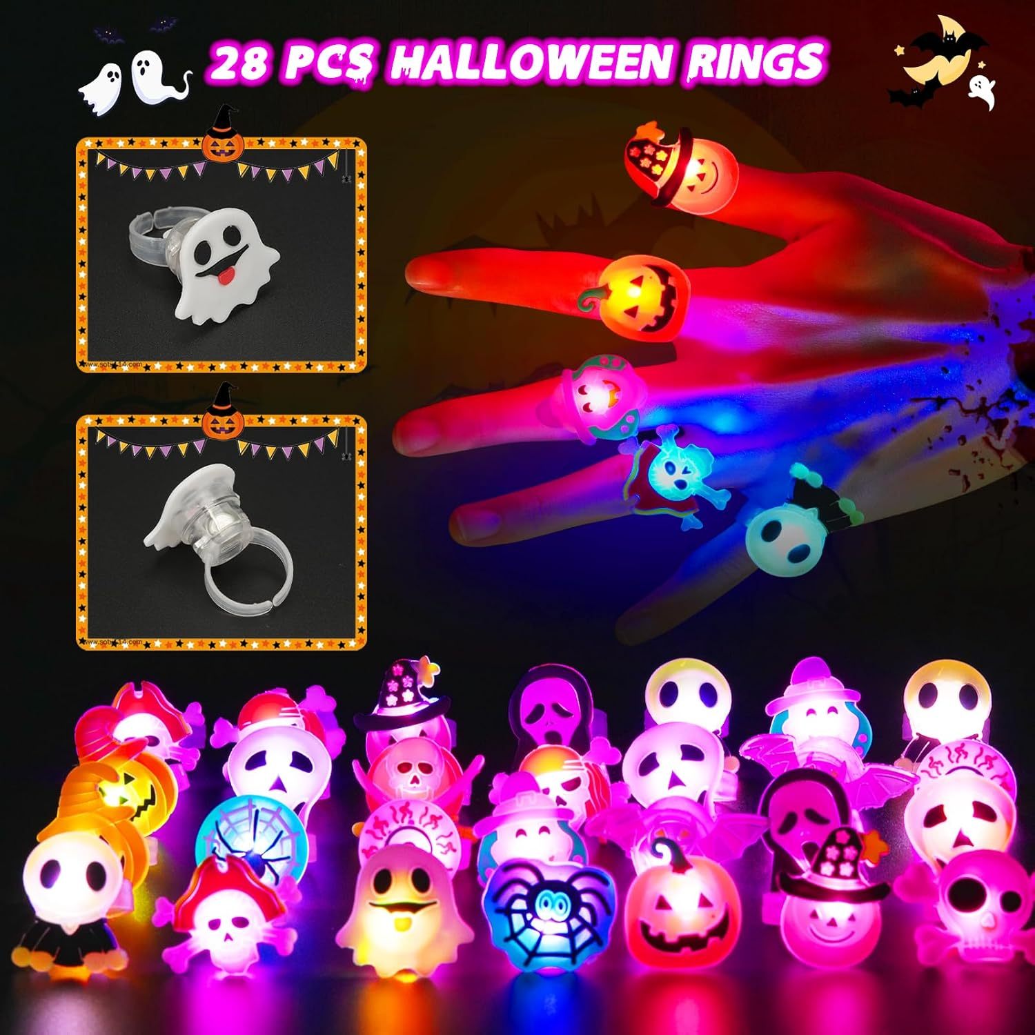 65PCS Halloween Light Up LED Rings, Non Candy Trick or Treats