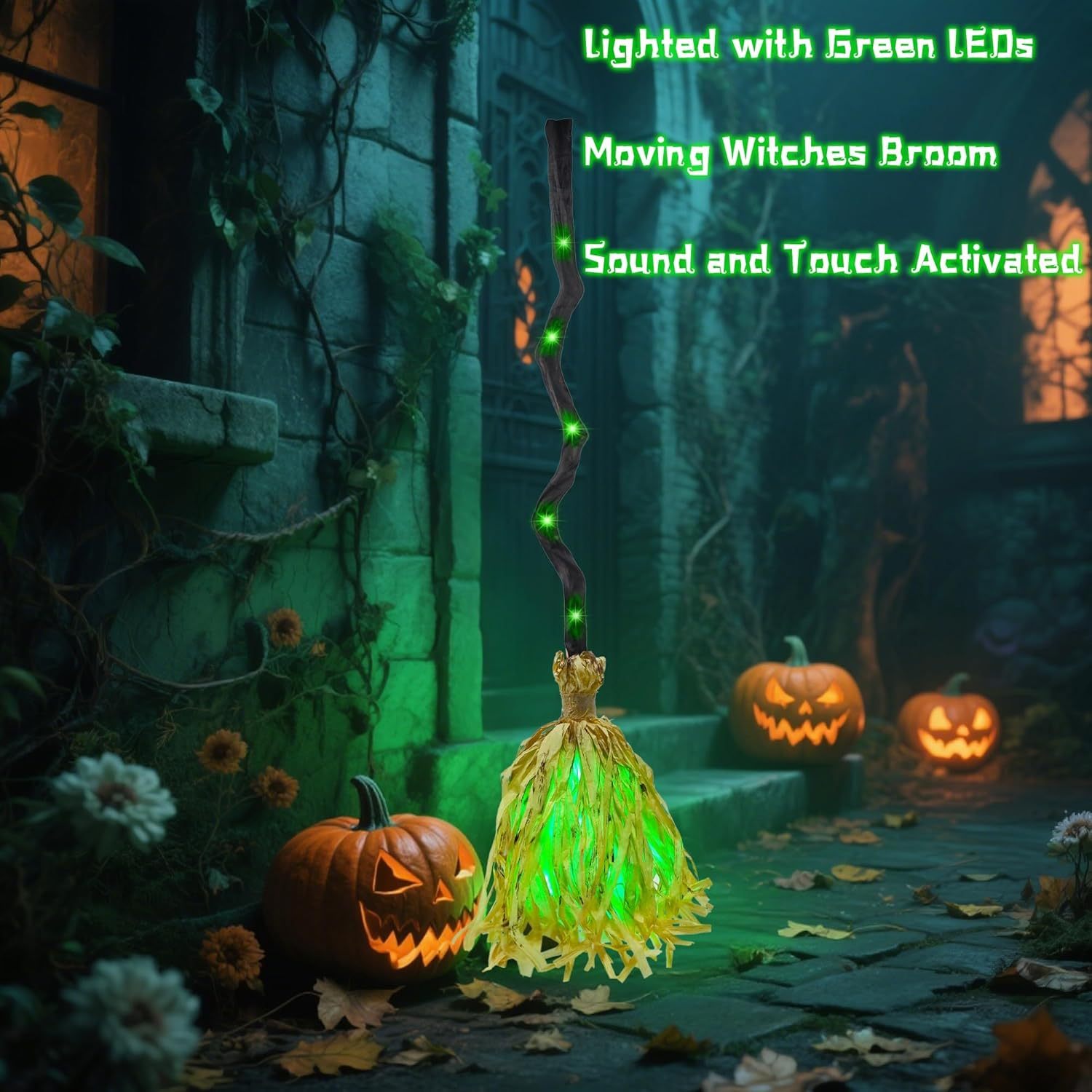 35" Animated Witches Broom -  Light up with Spooky Sounds