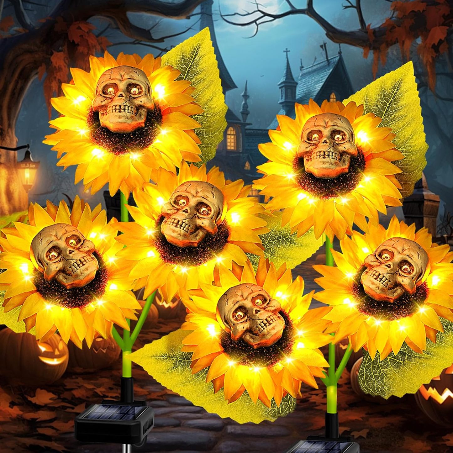 2 Pack Halloween Solar Skull Sunflowers Lights