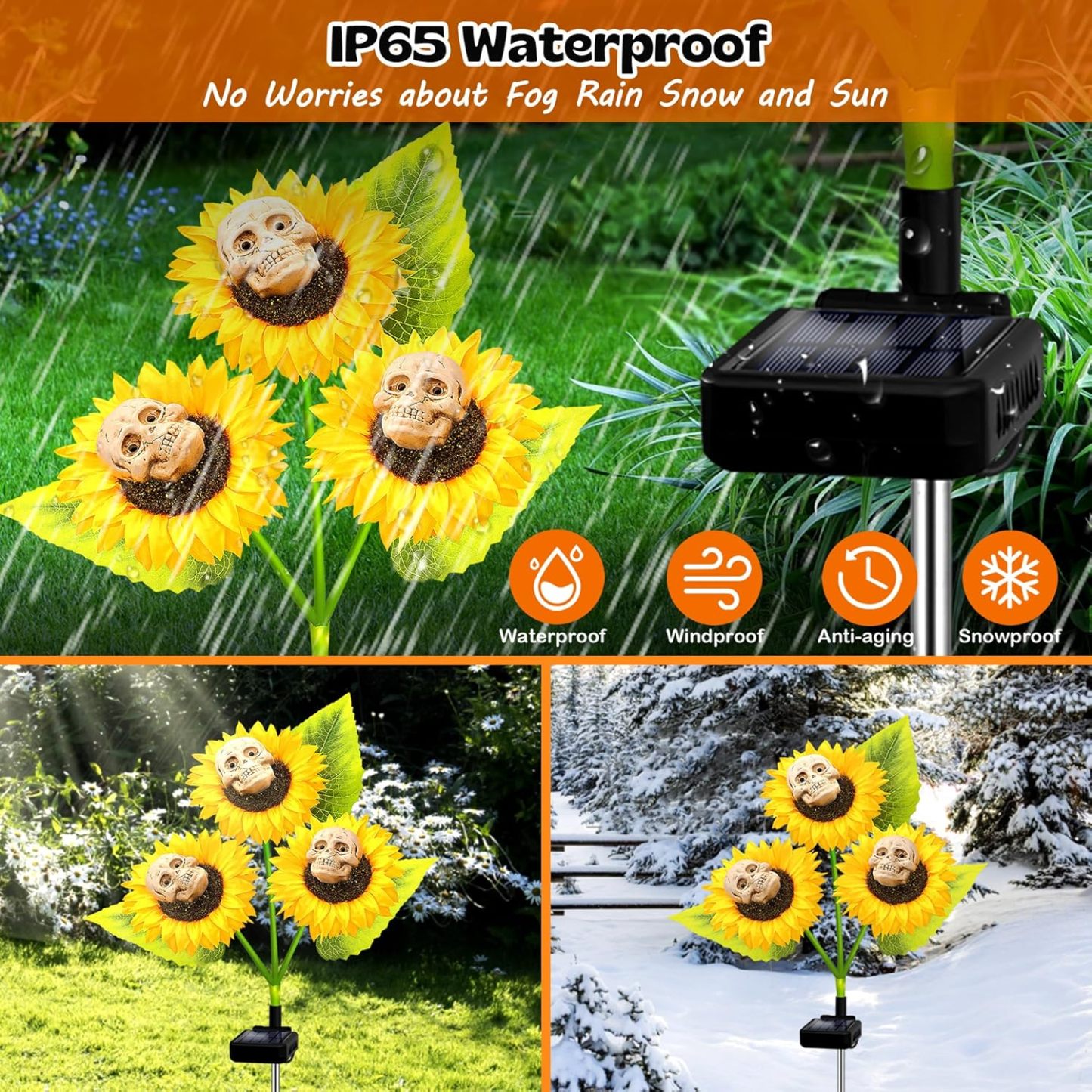 2 Pack Halloween Solar Skull Sunflowers Lights