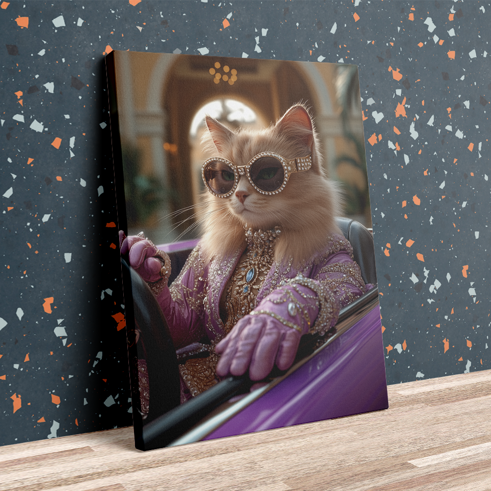 Chic Lavender - attired Cat in Sportscar