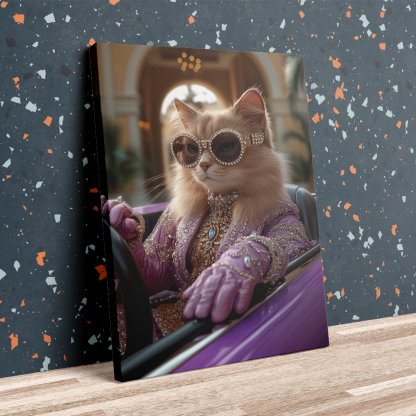 Chic Lavender - attired Cat in Sportscar