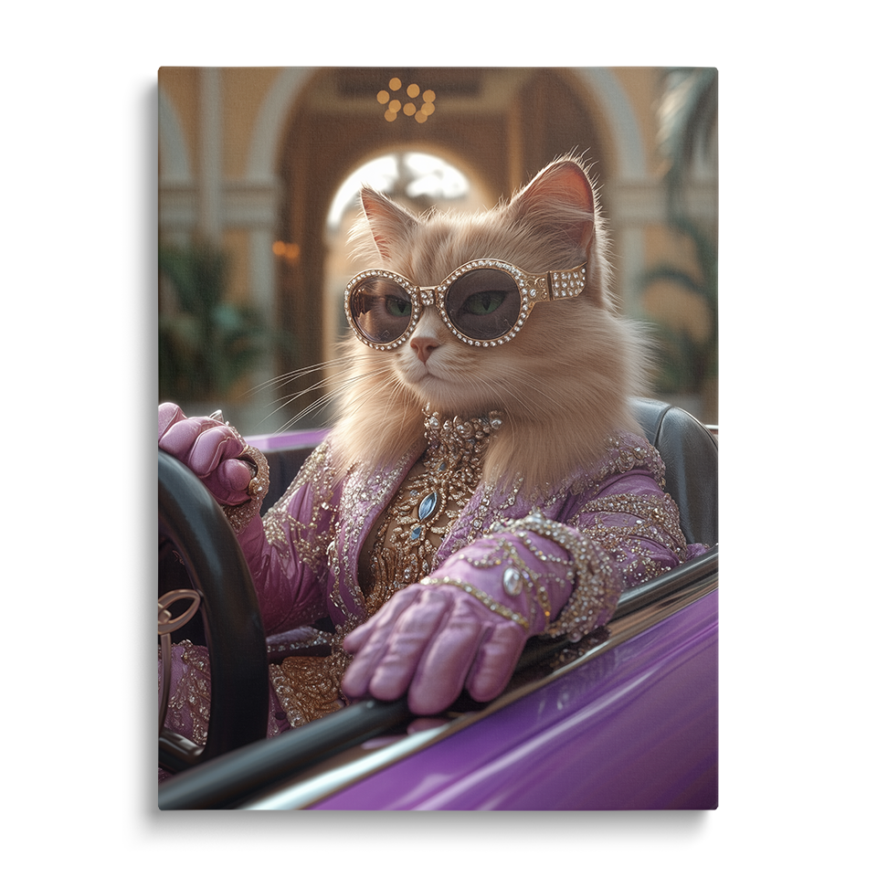 Chic Lavender - attired Cat in Sportscar