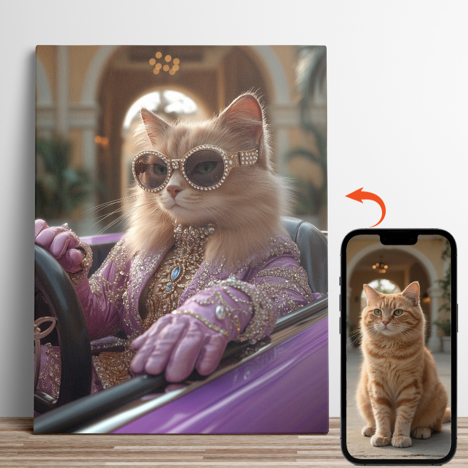 Chic Lavender - attired Cat in Sportscar