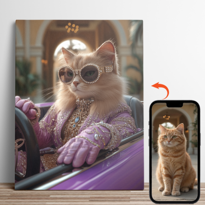 Chic Lavender - attired Cat in Sportscar