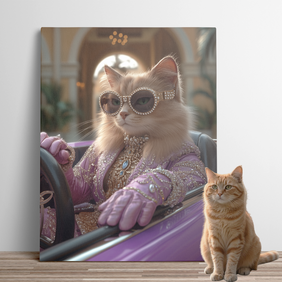 Chic Lavender - attired Cat in Sportscar