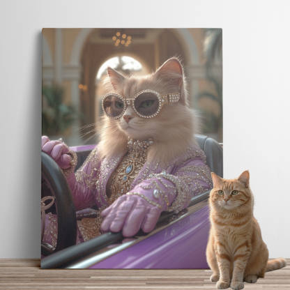 Chic Lavender - attired Cat in Sportscar