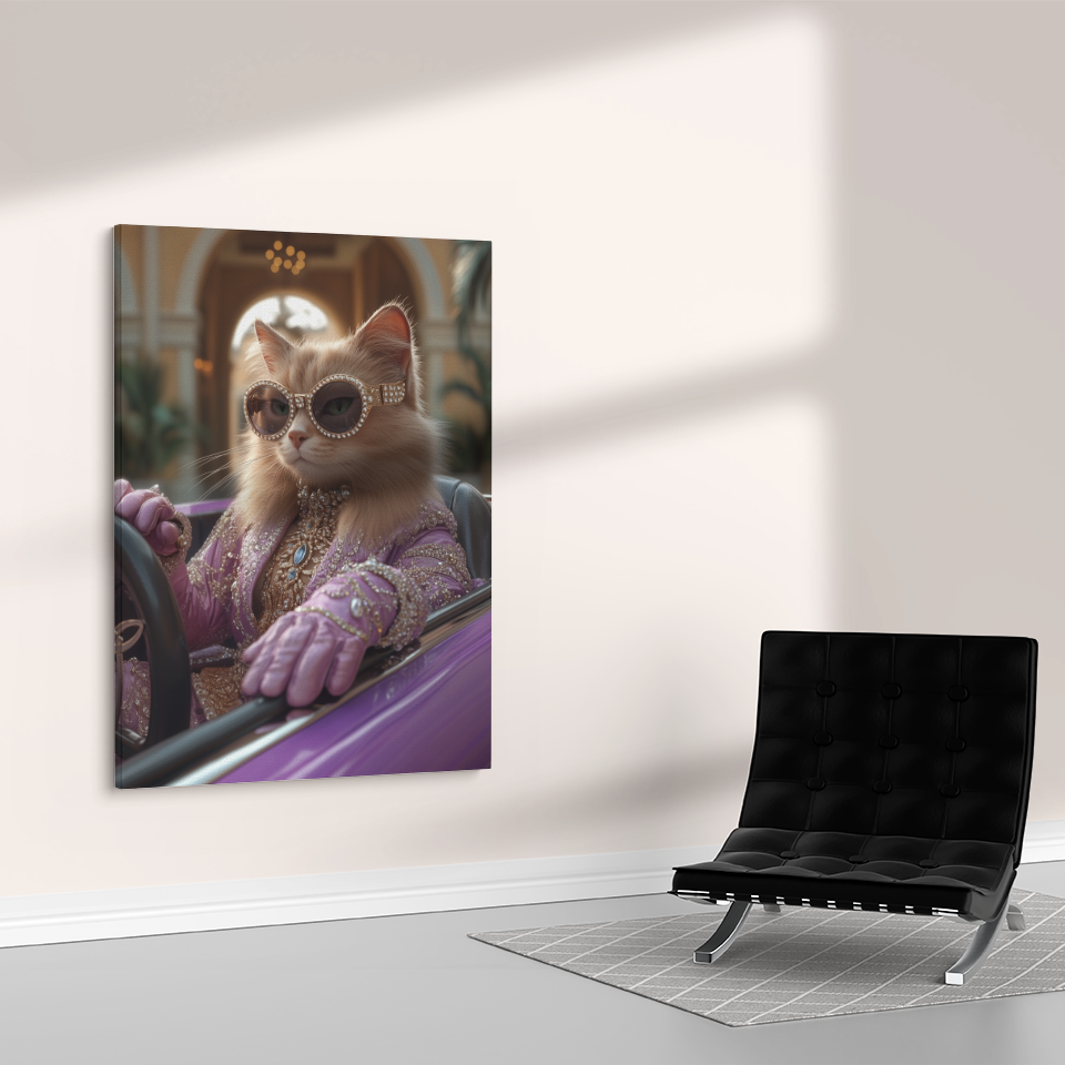 Chic Lavender - attired Cat in Sportscar