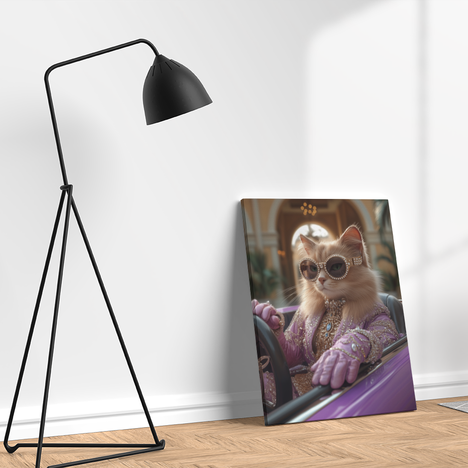 Chic Lavender - attired Cat in Sportscar