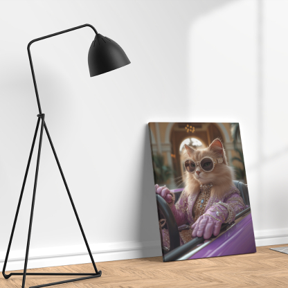 Chic Lavender - attired Cat in Sportscar