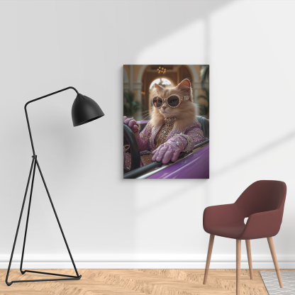 Chic Lavender - attired Cat in Sportscar