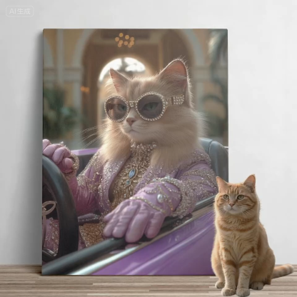 Chic Lavender - attired Cat in Sportscar