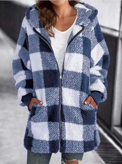 Women Oversized Hoodie Plaid Loose Overcoat