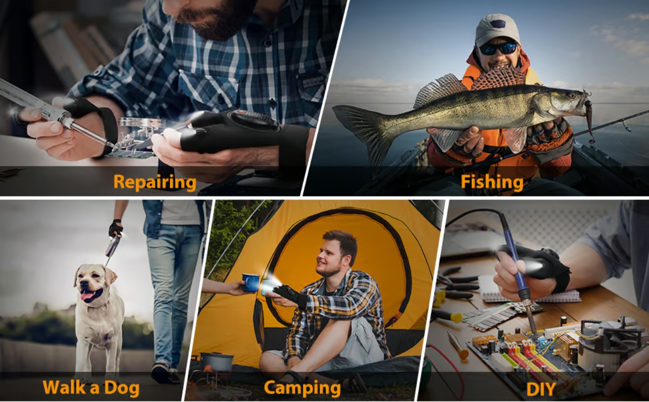 fingerless LED flashlight gloves with waterproof lights