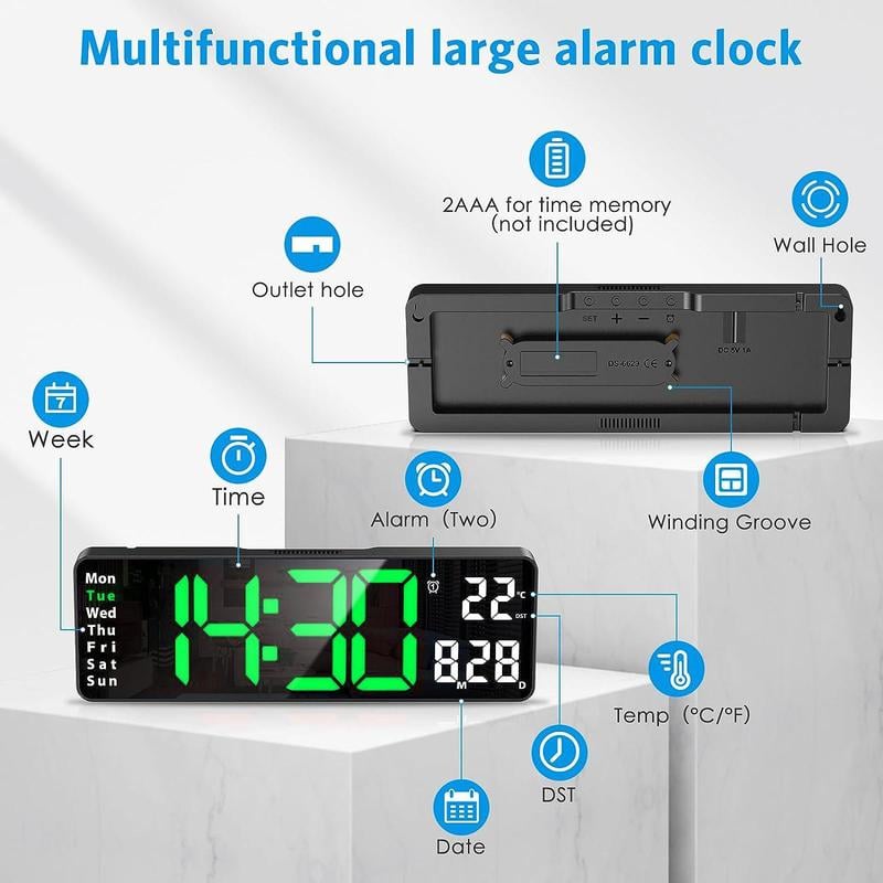 ⚡13" Large Digital Clock with Temperature, Date, Auto DST, Night Light, Auto Brightness Dimmer-SLOOSELYK