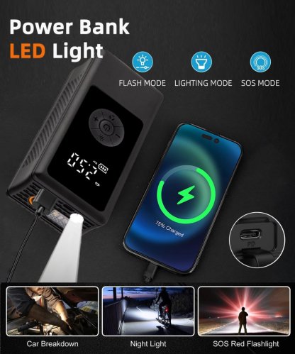 👍Tire Inflator Portable Air Compressor Gauge Values Display, 150PSI Power Battery