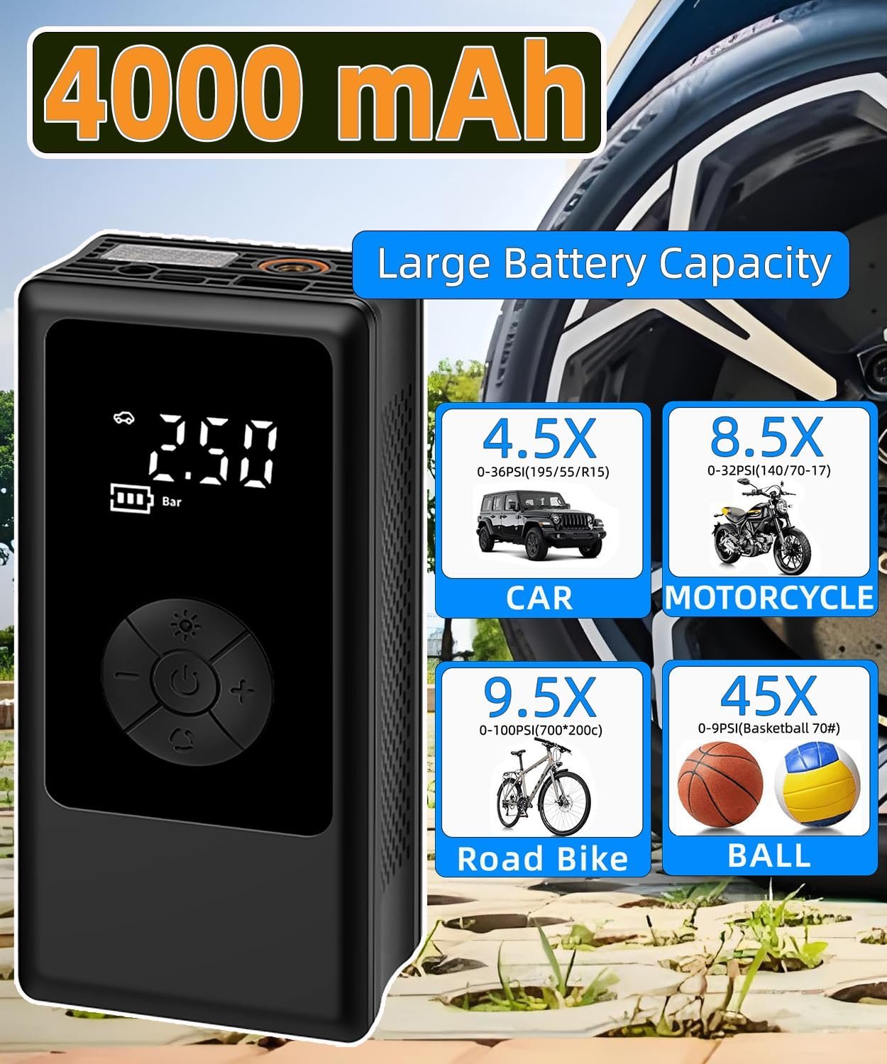 👍Tire Inflator Portable Air Compressor Gauge Values Display, 150PSI Power Battery