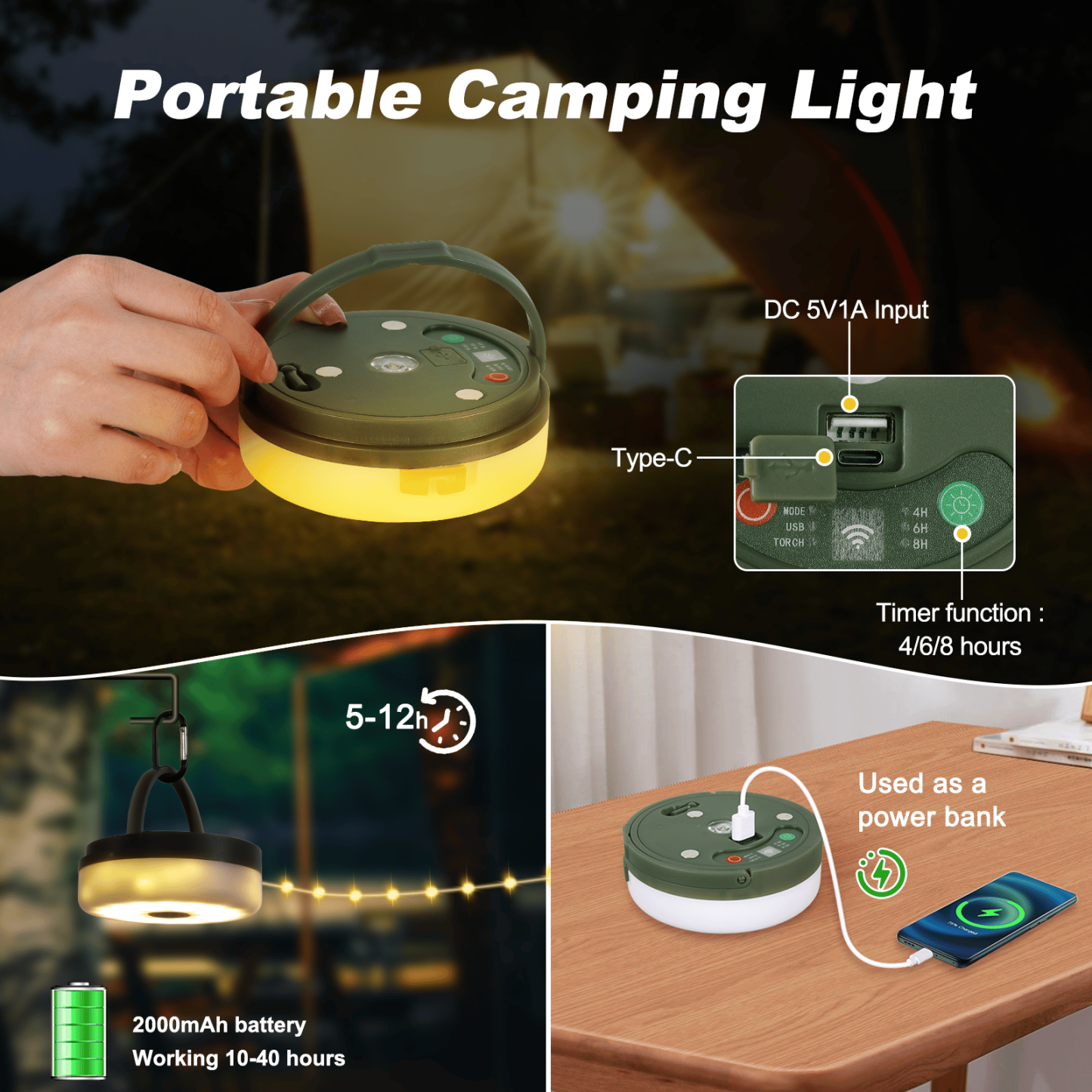 32.8ft Waterproof Portable Retractable Camping String Lights