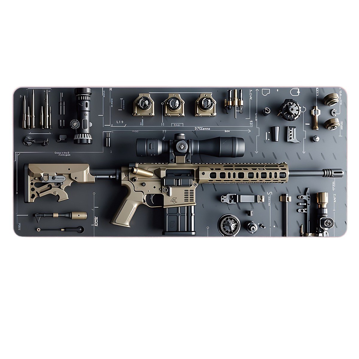 Cool Military Weapon Build Weapon Parts Display Large Gaming Mouse Pad, Stylish Desk Protector with Non-Slip Rubber, Multi-Size for Laptop & Desktop Use