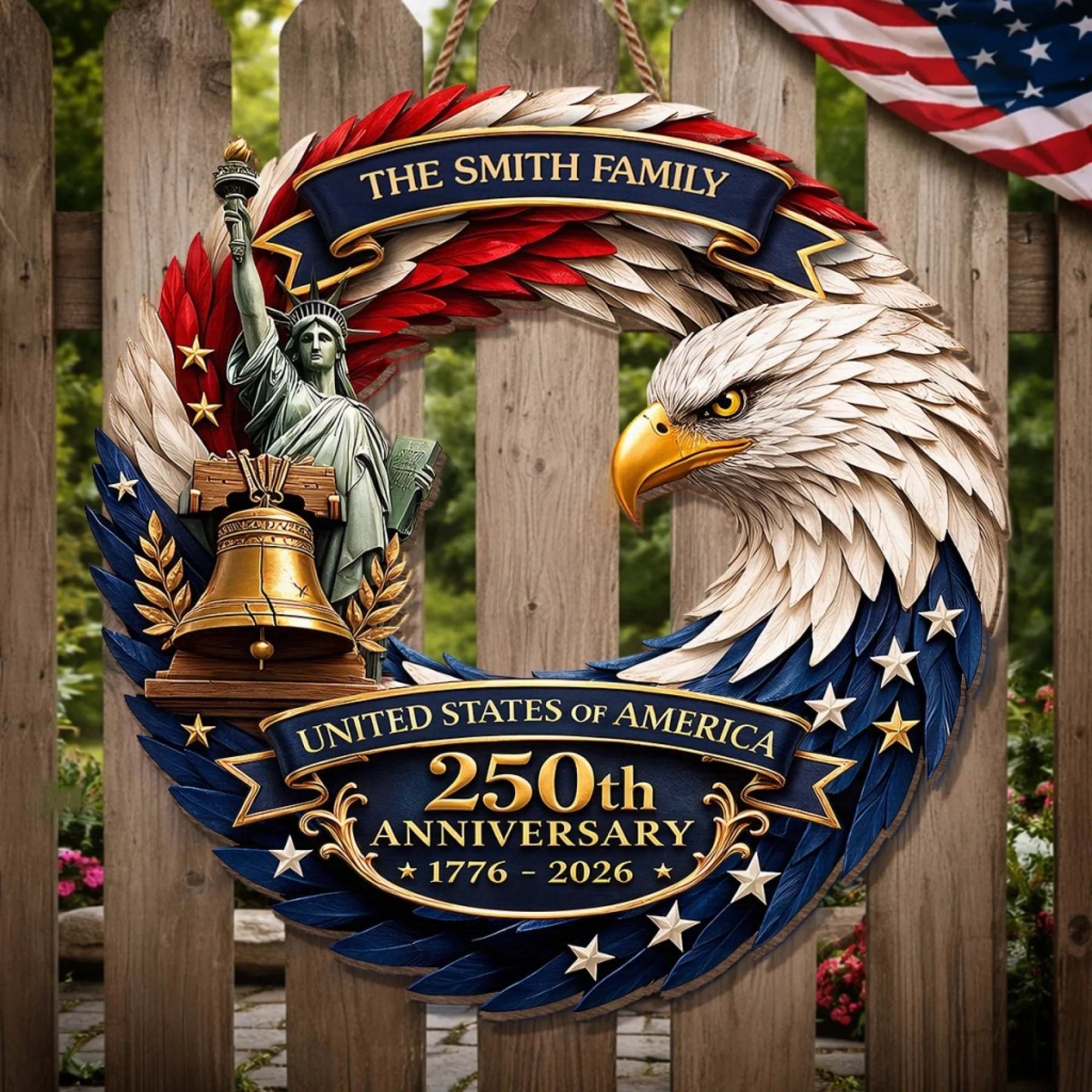 Custom Wood Sign - Personalized America 250th Anniversary Gifts For Mom, Dad, Brother, Sister, Kids - Bald Eagle Patriotic