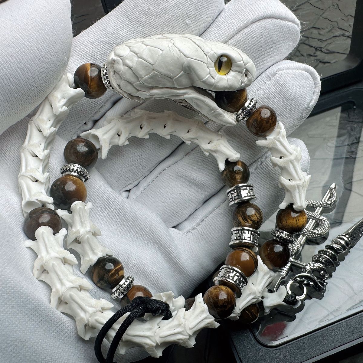 Authentic Snake Spine Bracelet with Carved Head – Dark Aesthetic Handmade Jewelry