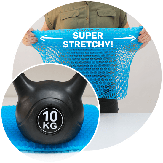 Person is stretching Honeycomb Heaven & placing a 10KG weight on it.