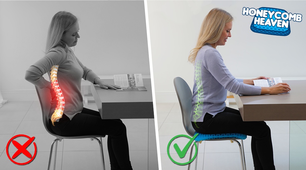Before & after comparison – Lady sitting with an image of her spine curved but with Honeycomb Heaven, her spine is straight.