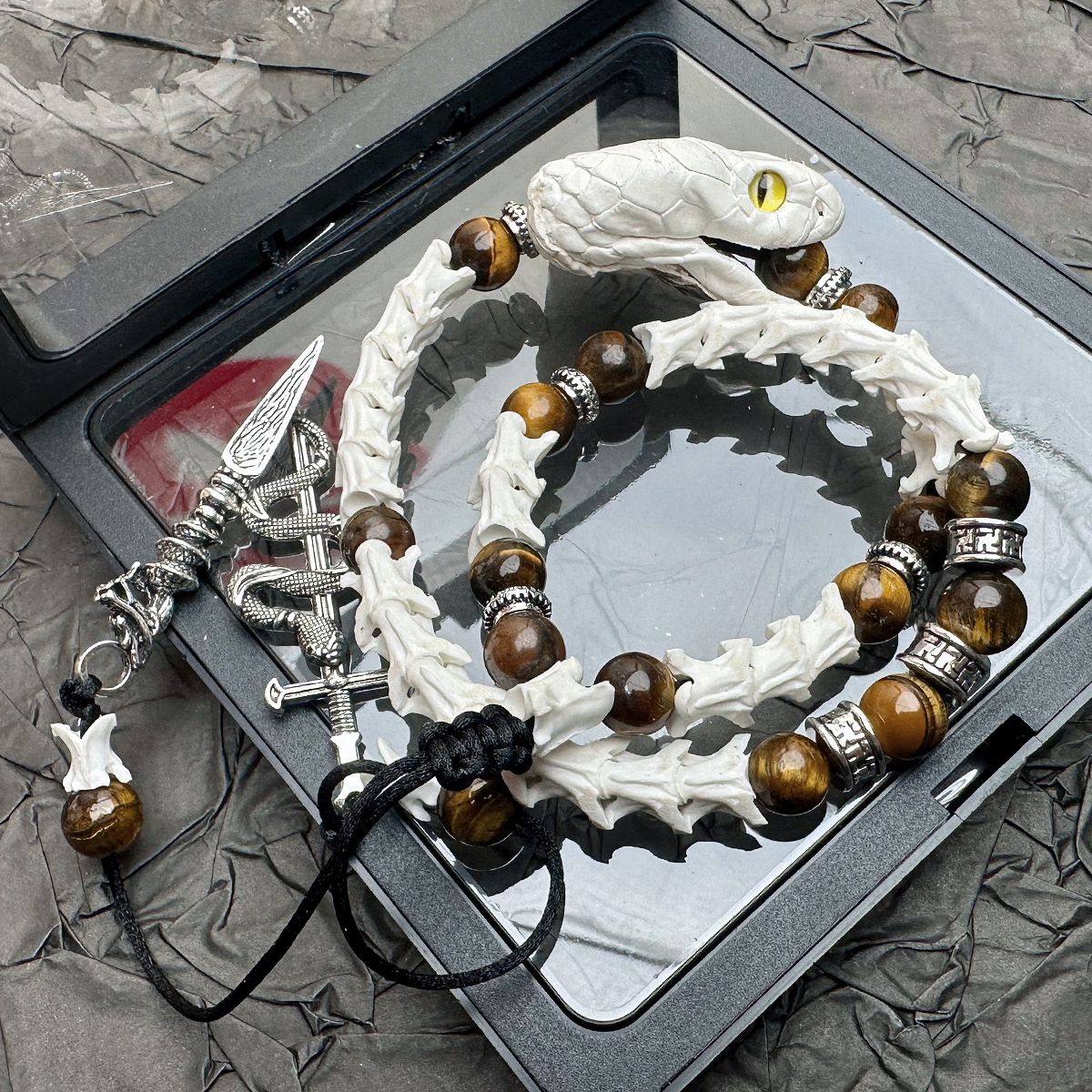 Authentic Snake Spine Bracelet with Carved Head – Dark Aesthetic Handmade Jewelry