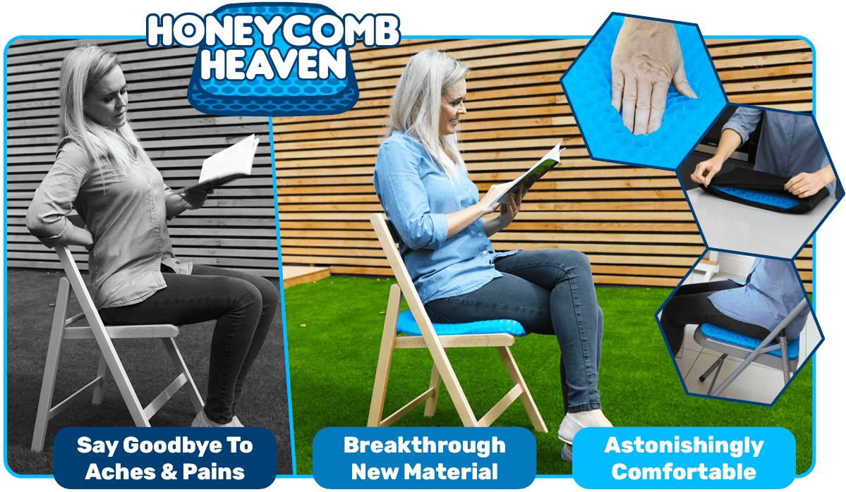 Side-by-side comparison – Lady is sitting with a sore back but with the Honeycomb Heaven cushion, she is happily reading.
