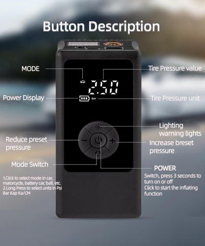 👍Tire Inflator Portable Air Compressor Gauge Values Display, 150PSI Power Battery