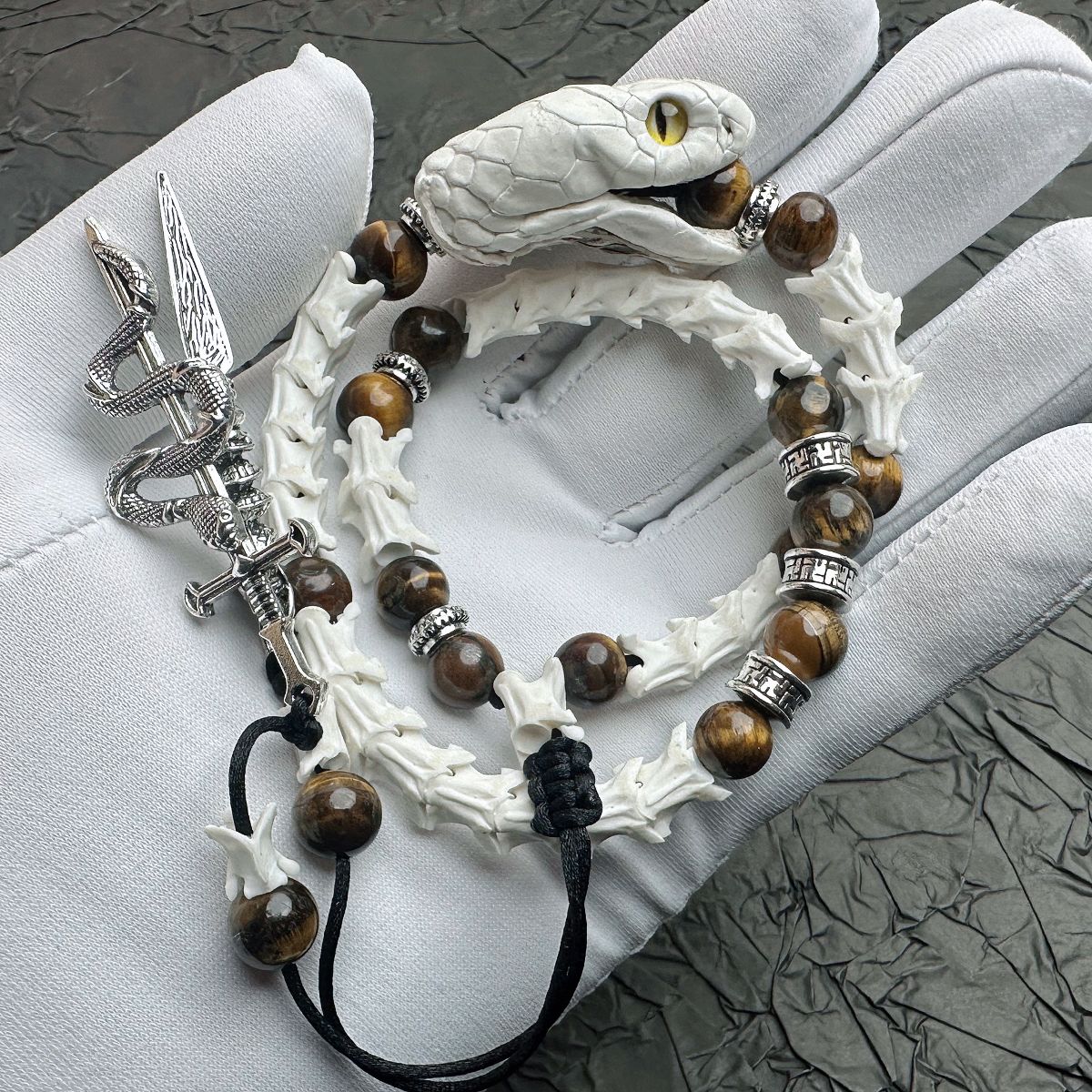 Authentic Snake Spine Bracelet with Carved Head – Dark Aesthetic Handmade Jewelry