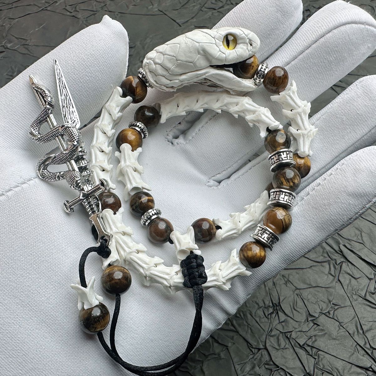 Authentic Snake Spine Bracelet with Carved Head – Dark Aesthetic Handmade Jewelry