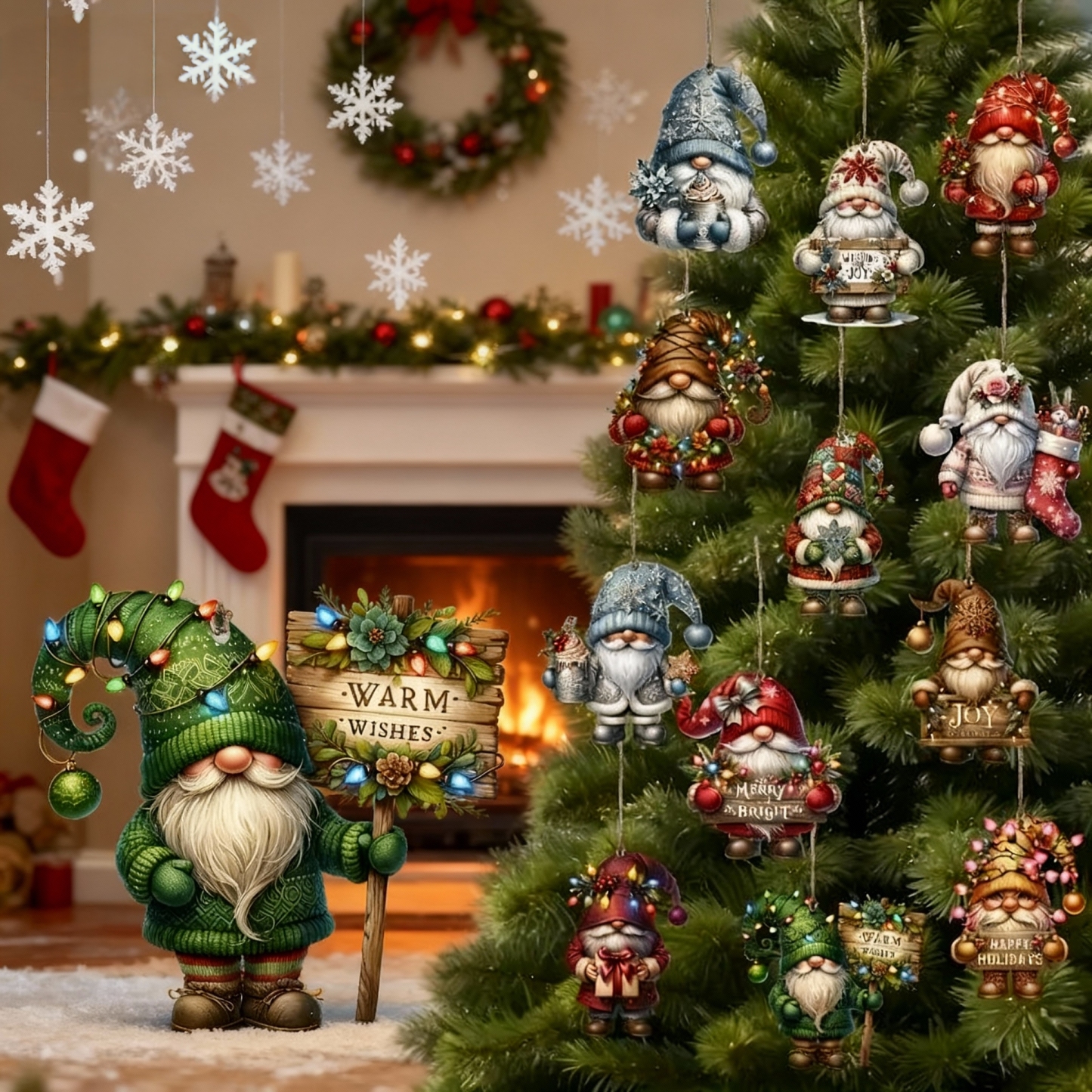 Wooden Dwarf Christmas Tree Ornaments Set (12pcs)