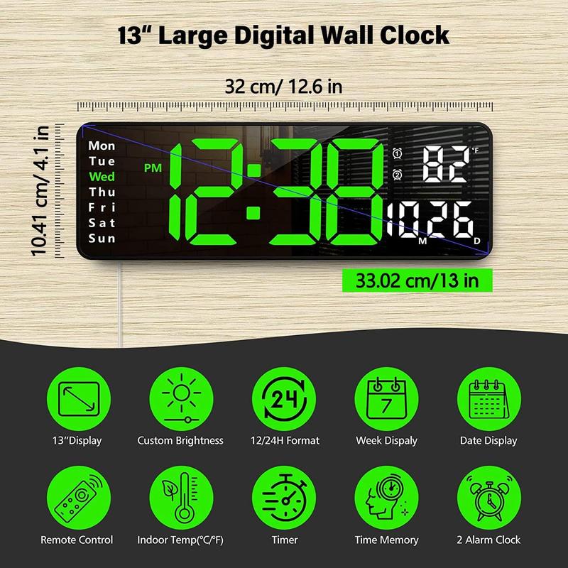 ⚡13" Large Digital Clock with Temperature, Date, Auto DST, Night Light, Auto Brightness Dimmer-SLOOSELYK
