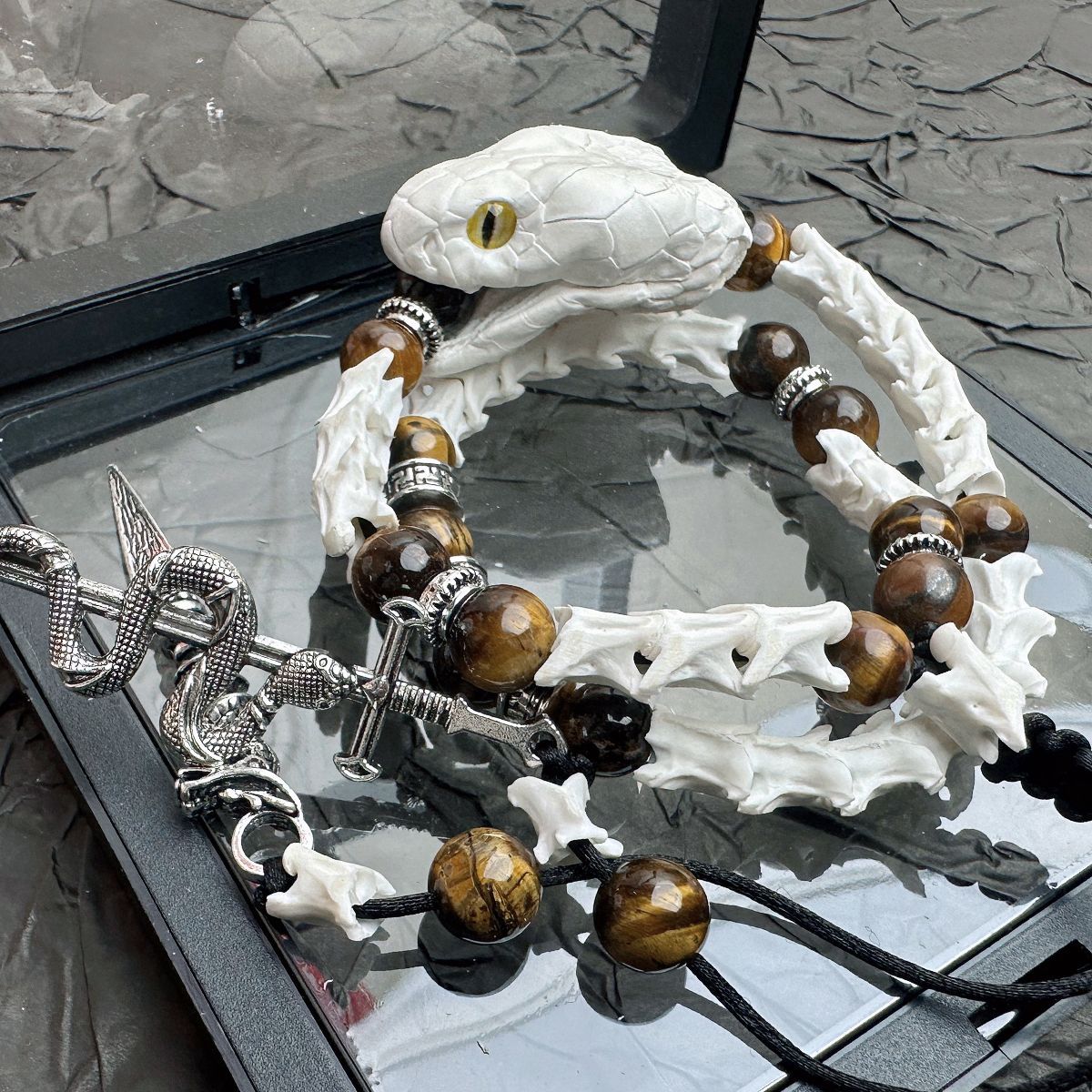 Authentic Snake Spine Bracelet with Carved Head – Dark Aesthetic Handm