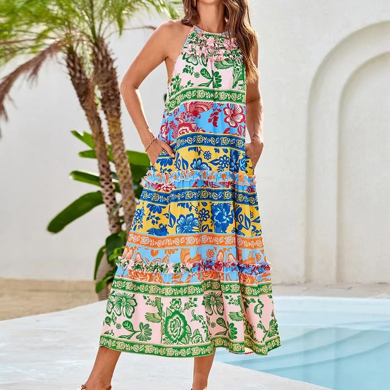 【Valentine's Day Limited】【Runs Large | Size Down】Grace Karin Women's Maxi Boho Dress Casual Summer Loose Long Floral Sundresses Flowy Halter Tiered Beach Vacation Outfits